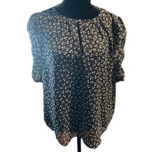 J.Crew Womens Floral Print Navy Blue Short Sleeve Button Back Blouse‎ Size S